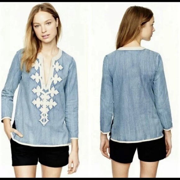 J. Crew Tops - J. Crew Soutache Embroidered Chambray Tunic Blouse